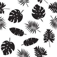 Black and white tropical leaves seamless pattern.