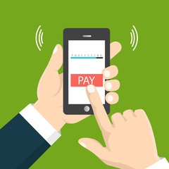 Mobile payment concept. Hand holding a phone. Smartphone wireless money transfer. Flat design. Vector illustration