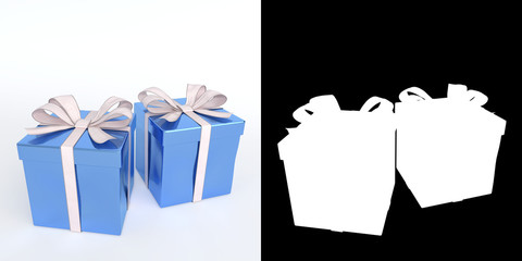 glossy blue gifts isolated on white with alpha mask. 3D render.