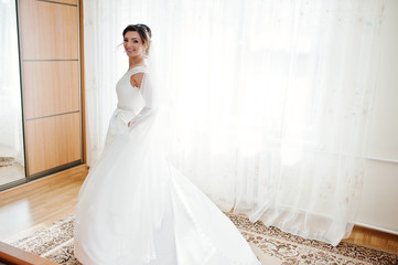 Fototapeta premium Portrait of a fantastic bride posing in her room on the wedding day.