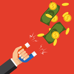Human hand holding a magnet. Concept of attracting investments. Money, business, success magnet. Flat design, vector illustration