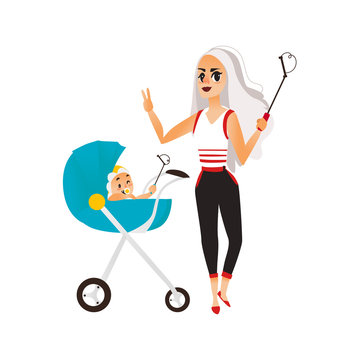 Vector woman with baby in stroller make selfie . Flat cartoon Isolated illustration on a white background. Female adult, infant makes photo by selfie stick on vacation