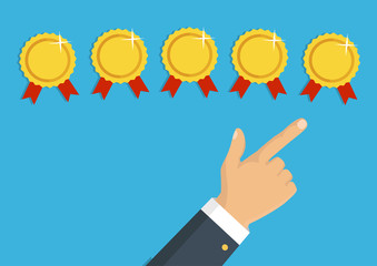 Rating golden rewards. Feedback, reputation and quality concept. Hand pointing, finger pointing to five rewards rating. Customer review concept. Vector