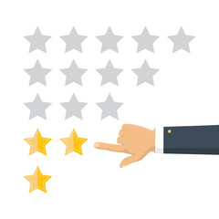 Rating golden stars. Feedback, reputation and quality concept. Hand pointing, finger pointing to five star rating. Customer review concept. Vector