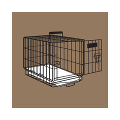Metal wire cage, crate for pet, cat, dog transportation, sketch style vector illustration isolated on brown background. Hand drawn metal wire dog crate, cage on brown background
