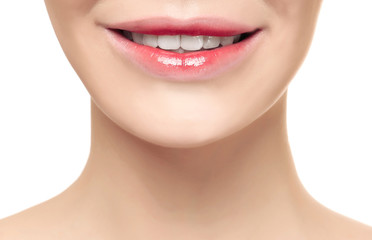 Obraz premium Young woman with beautiful lips on white background, closeup