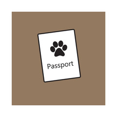 Pet passport, formal document, certificate for dog, cat, transportation, sketch vector illustration isolated on brown background. Pet passport as small booklet with print on cover