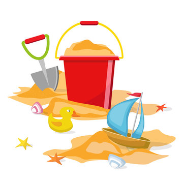 Beach toys isolated. Pail, shovel, starfish, bucket, duckling, shell, sand. Summer time flat design. Vector