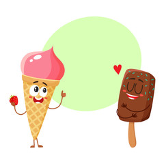 Two funny ice cream characters - strawberry cone and chocolate popsicle, cartoon style vector illustration with space for text. Two cute smiling strawberry and chocolate ice cream characters