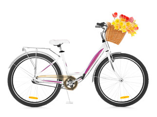 Fototapeta na wymiar Bicycle with basket of beautiful flowers on white background