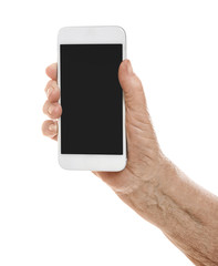 Old woman holding phone on white background