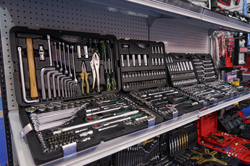 Car repair tool boxes presented in store