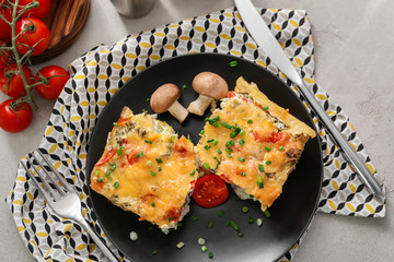 Composition with delicious turkey casserole on table