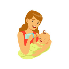 Happy mother holding her baby and feeding with milk bottle colorful vector Illustration