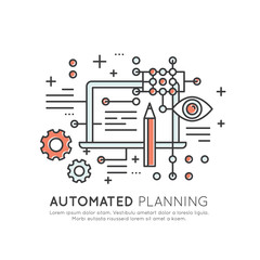 Vector Icon Style Illustration Concept of Machine Learning, Artificial Intelligence, Automated Planning, Technology of Future, Isolated Symbols for Web and Mobile