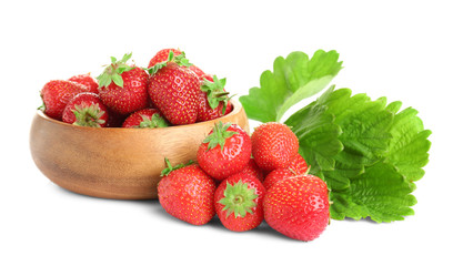 Bowl with tasty red strawberries on white background