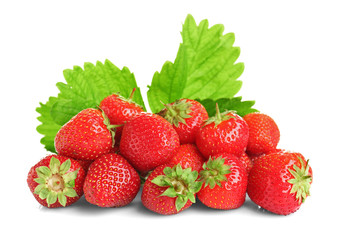 Ripe strawberries and leaves on white background