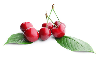 Fresh ripe cherries on white background
