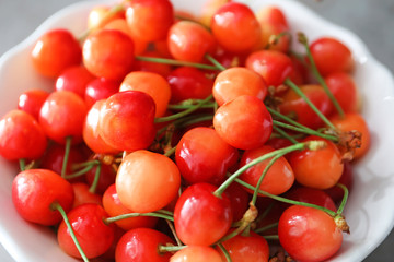 Plate with fresh ripe cherries, close up