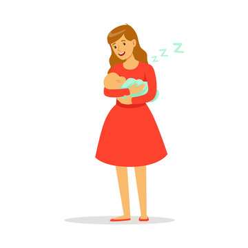 Beautiful young mother in red dress rocking her newborn baby to sleep colorful vector Illustration