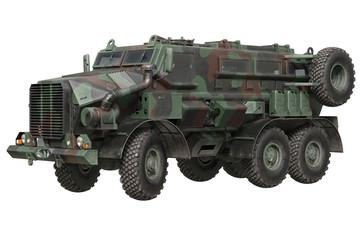 Fototapeta premium Truck military camouflaged armored car transportation. 3D rendering