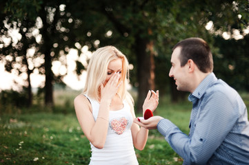 Man proposes to a girl in a park at a picnic