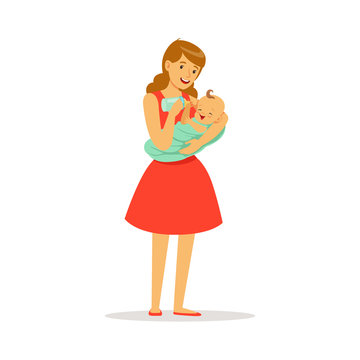Beautiful young mother in red dress holding her baby and feeding with milk bottle colorful vector Illustration