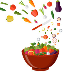 Cooking salad with fresh vegetables. Flat style. Vector illustration.
