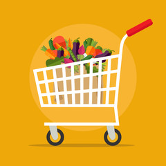 Shopping, shipping and vegan concept isolated on background. Vector. Supermarket shopping cart with fresh vegetables.