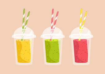 Smoothie with different flavours, take away. Healthy fresh juice fresh. Cartoon smoothie in a transparent plastic glass. Vector illustration - 166383830