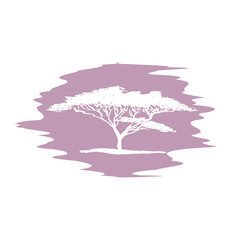 Hand drawing sketch of acacia tree logotype. Vector white acacia tree on blur background