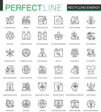 Recycling energy thin line web icons set. Renewable energy, green technology outline stroke icons design.