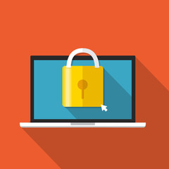 Computer security, security center, online safety, data protection concept. Laptop with shield and lock. Flat vector illustration.