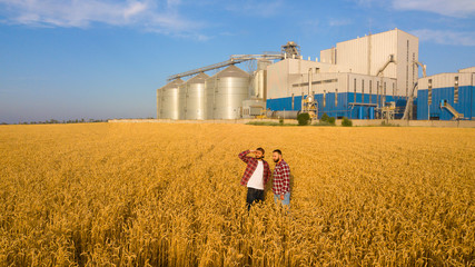 Aerial photo of two farmers standing in a wheat field and looking far discussing harvest and businness. Two men agronomists with grain elevator terminal on background. Agriculture theme © artiemedvedev