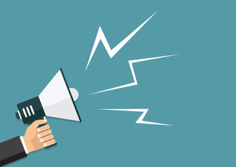 Vector, eps10, illustration. Hand holding a megaphone, flat design, promotion, social media marketing concept. Isolated on a background.