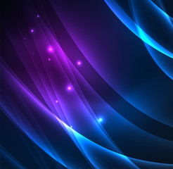 Energy lines, glowing waves in the dark, vector abstract background