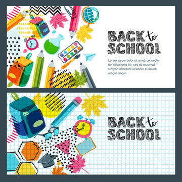 Set of vector back to school sale banner, poster background. Hand drawn sketch letters, multicolor pencils and other school supplies on notebook sheet. Layout for discount labels, flyers and shopping