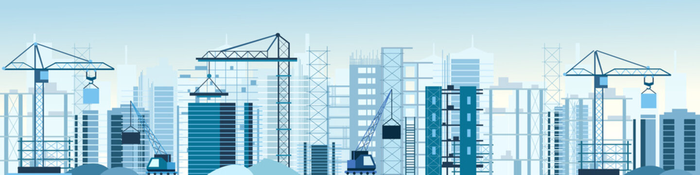 Vector illustration of buildings constructions site and cranes banner. skyscraper under construction. excavator, tipper at sky background in flat style.