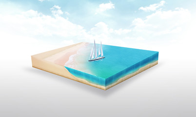 3d illustration of a soil slice, yacht on the beach, ocean, traveling isolated on white background