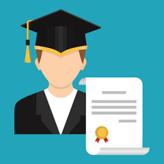 A graduate of a college or school in a graduate's hat with a certificate, diploma. Vector illustration. The Concept of Higher Education.