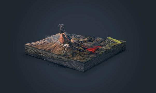 3d illustration of a soil slice, volcanic eruption, with lava, isolated on dark background