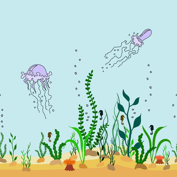 Vector sealess decorative border of cartoon seabed with seaweeds, jellyfishes and bubbles