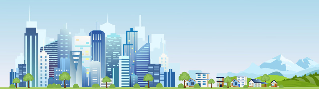 Vector illustration of urban industrial city landscape. Big modern city with skyscrapers with mountains and country houses in flat cartoon style.