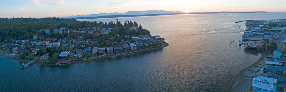 Shilshole Bay Ballard Seattle Washington Lawtonwood Neighborhood Aerial at Sunset