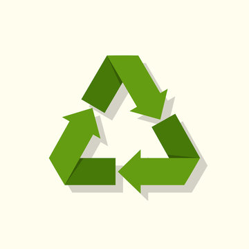 Recycle icon. Symbol ecology logo. Environment protection. Vector illustration flat design. Isolated on white background. Green arrows around the triangle. Conservation earth.