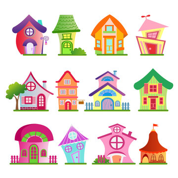 Vector illustration of funny country buildings set. Colorful and bright houses with trees in cartoon flat comic style on white background.