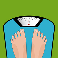 Fat man or woman standing on weight scale with heavy weight, vector. Concept of weight loss, healthy lifestyles, diet, proper nutrition.