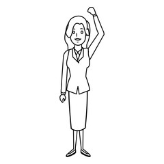 business woman wearing a suit with her arm up smiling standing
