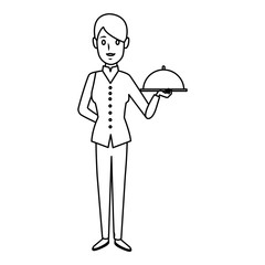 female woman chef character holding a plate or platter cloche