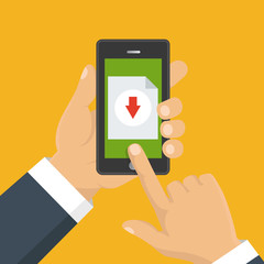 Downloading document, infographics. Flat design. File download concept button on smartphone screen. Hand holds smartphone.
